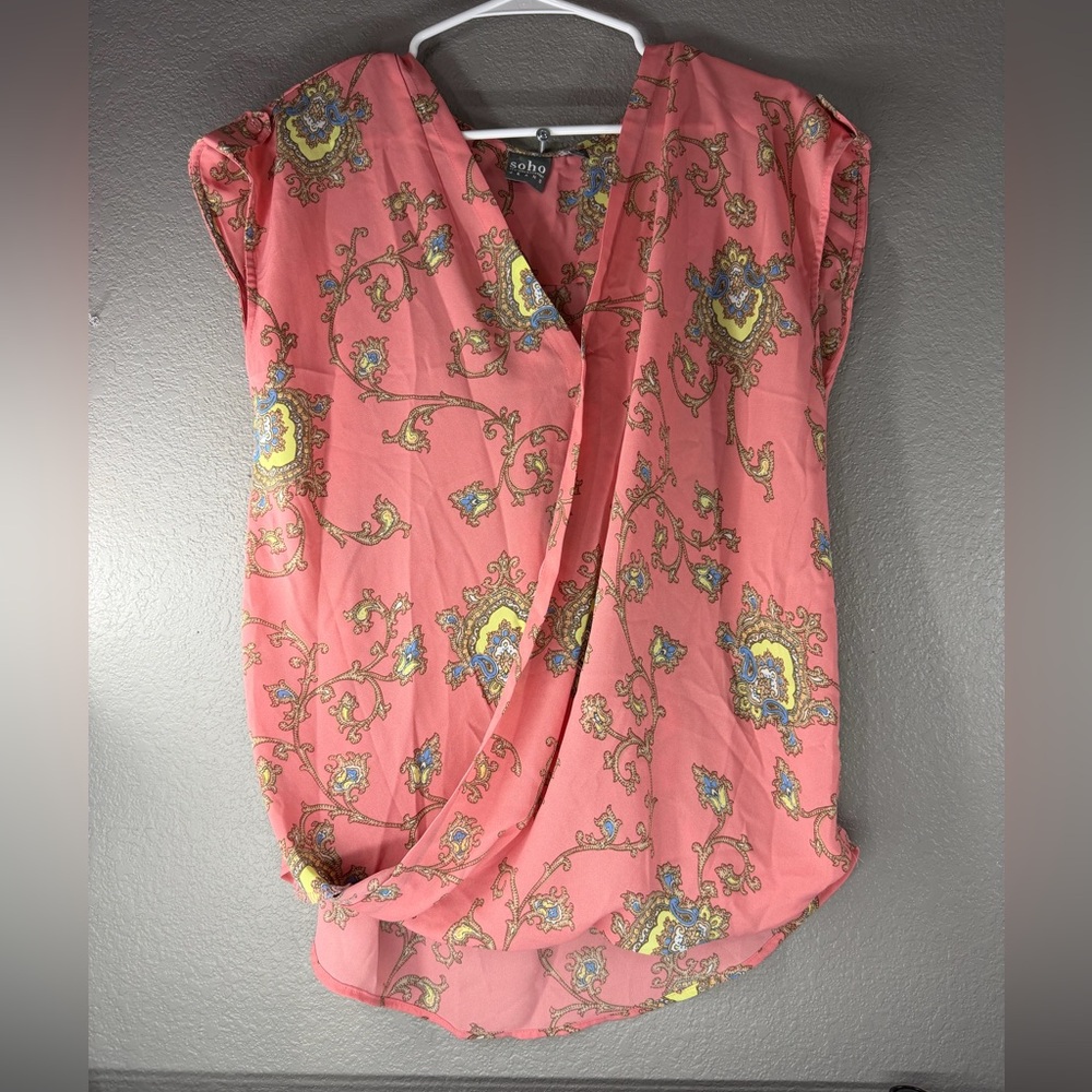 Soho Coral-Pink Floral Paisley Sleeveless Faux-Wrap Blouse